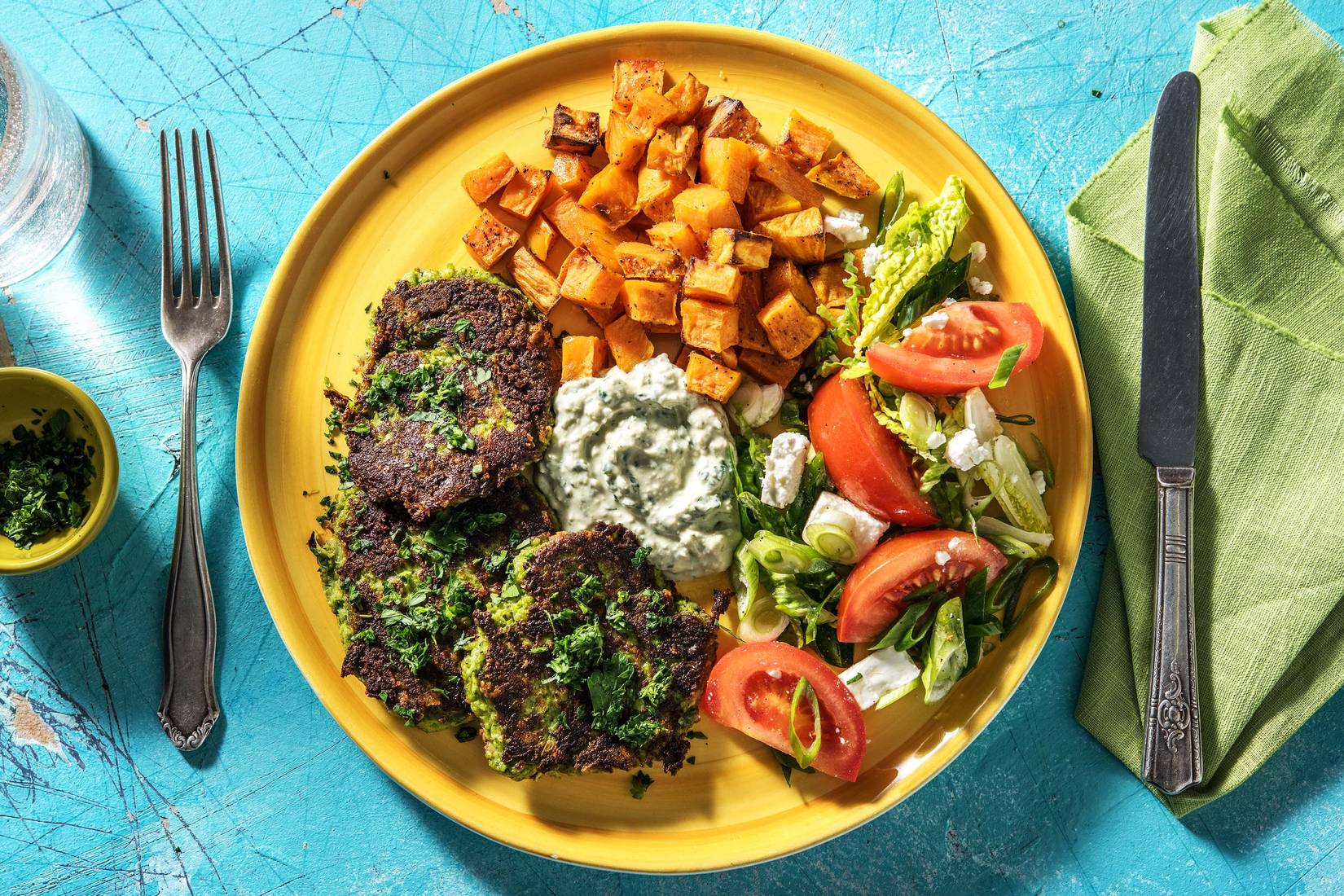 Brokkoli-Taler mit Ofen-Süßkartoffeln