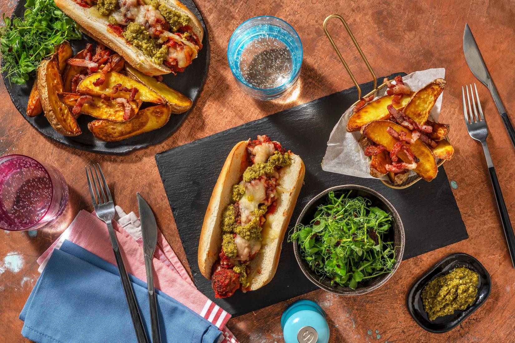 Cheesy Meatball Sub and Bacon Wedges