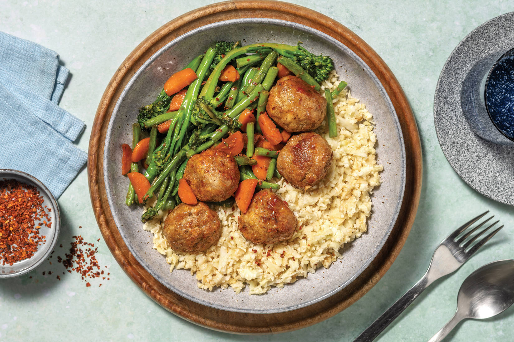 Sweet Chilli Pork Meatballs & Soy Veggies