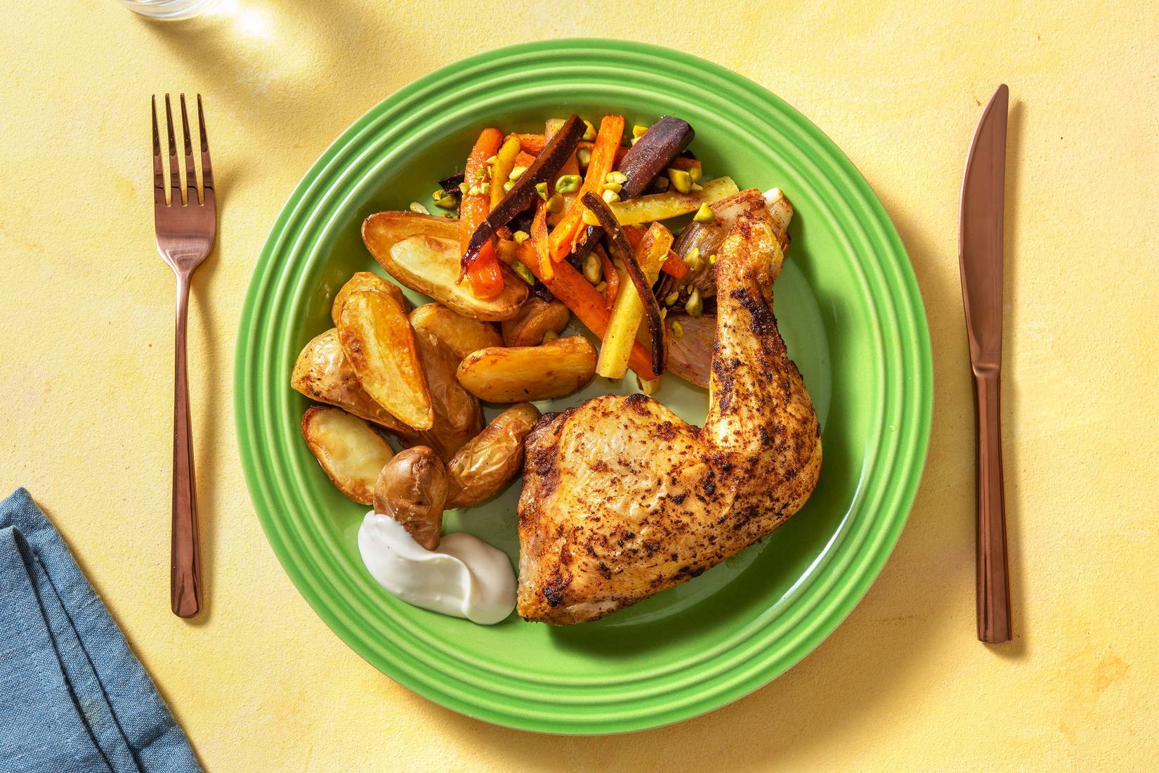 Hähnchenkeulen mit Harissa-Honig-Karotten