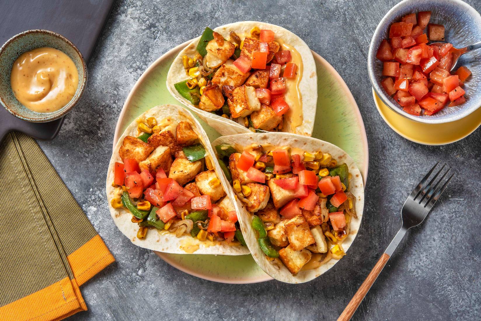 Halloumi, Pepper and Sweetcorn Tacos