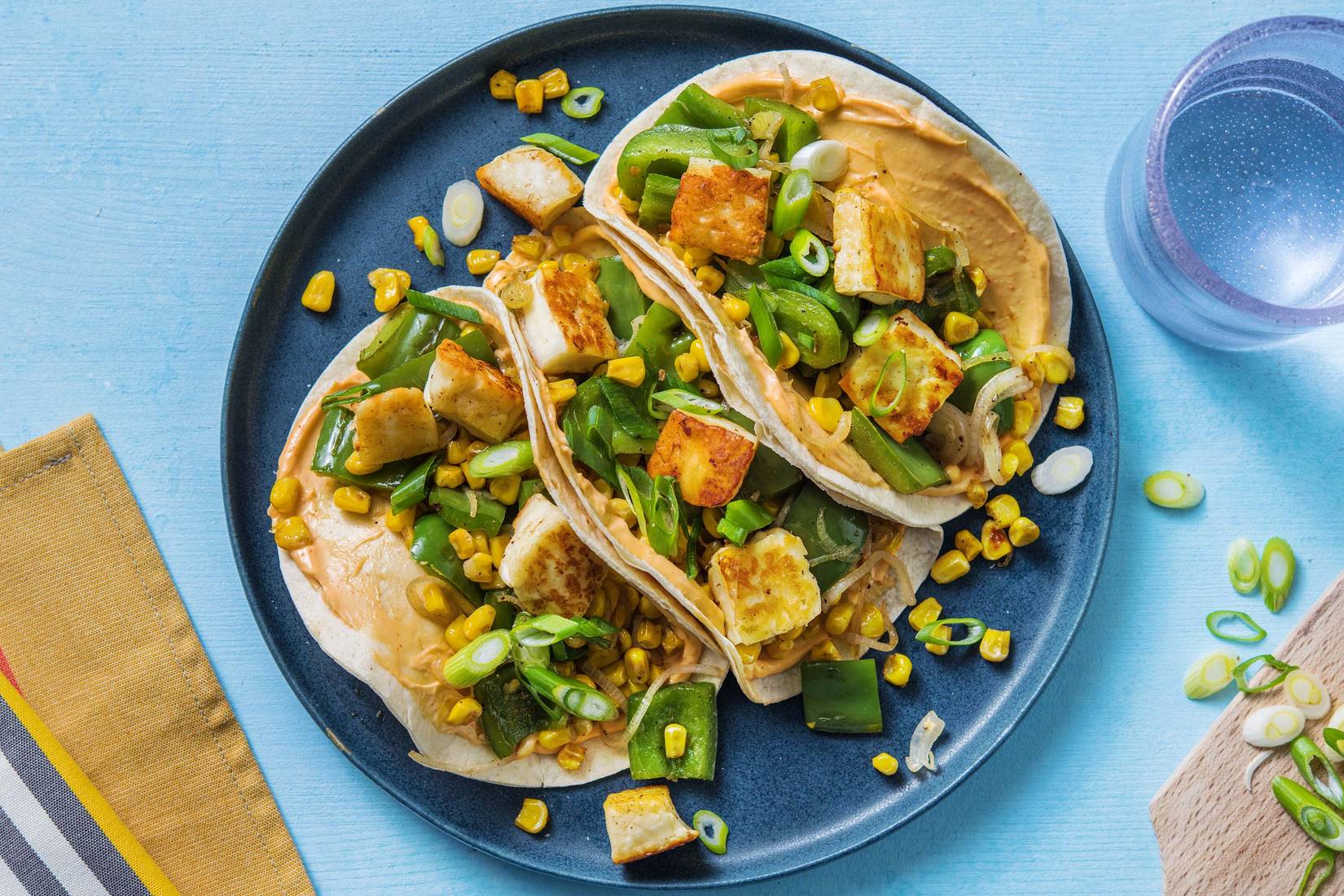 Halloumi, Pepper and Sweetcorn Tacos