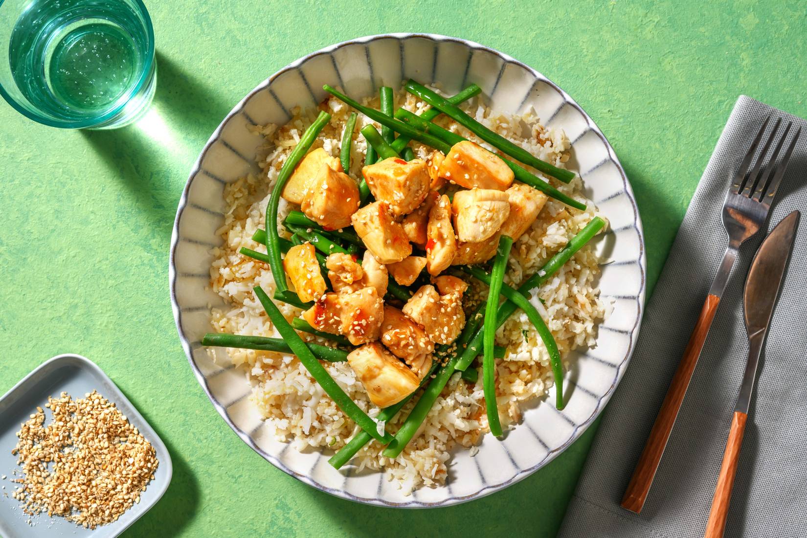 Poulet en sauce asiatique douce et haricots verts