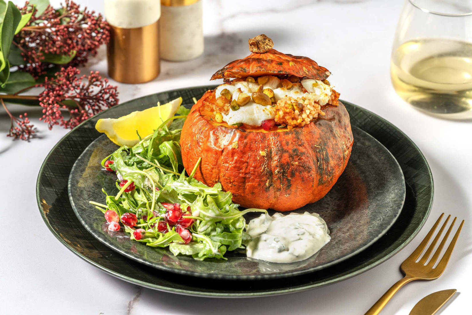 Mit Juwelen-Bulgur gefüllter Hokkaido