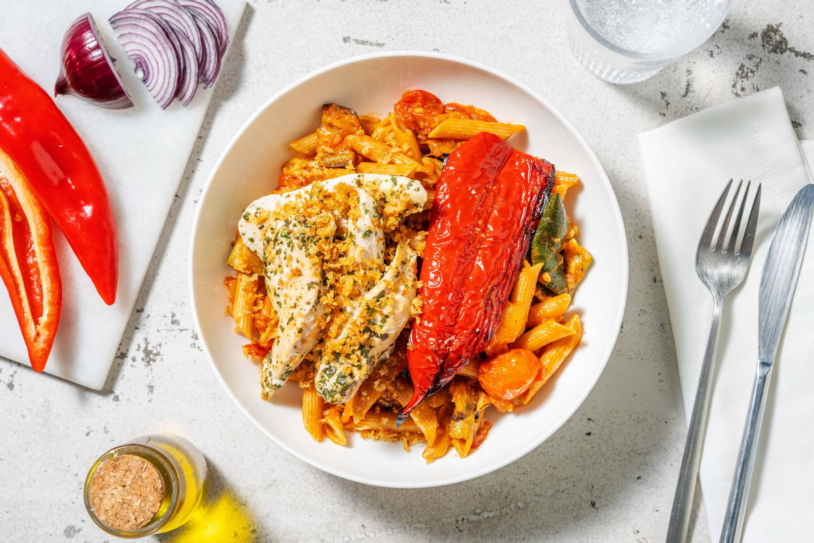 Volkoren penne met groentedressing en kipfiletreepjes