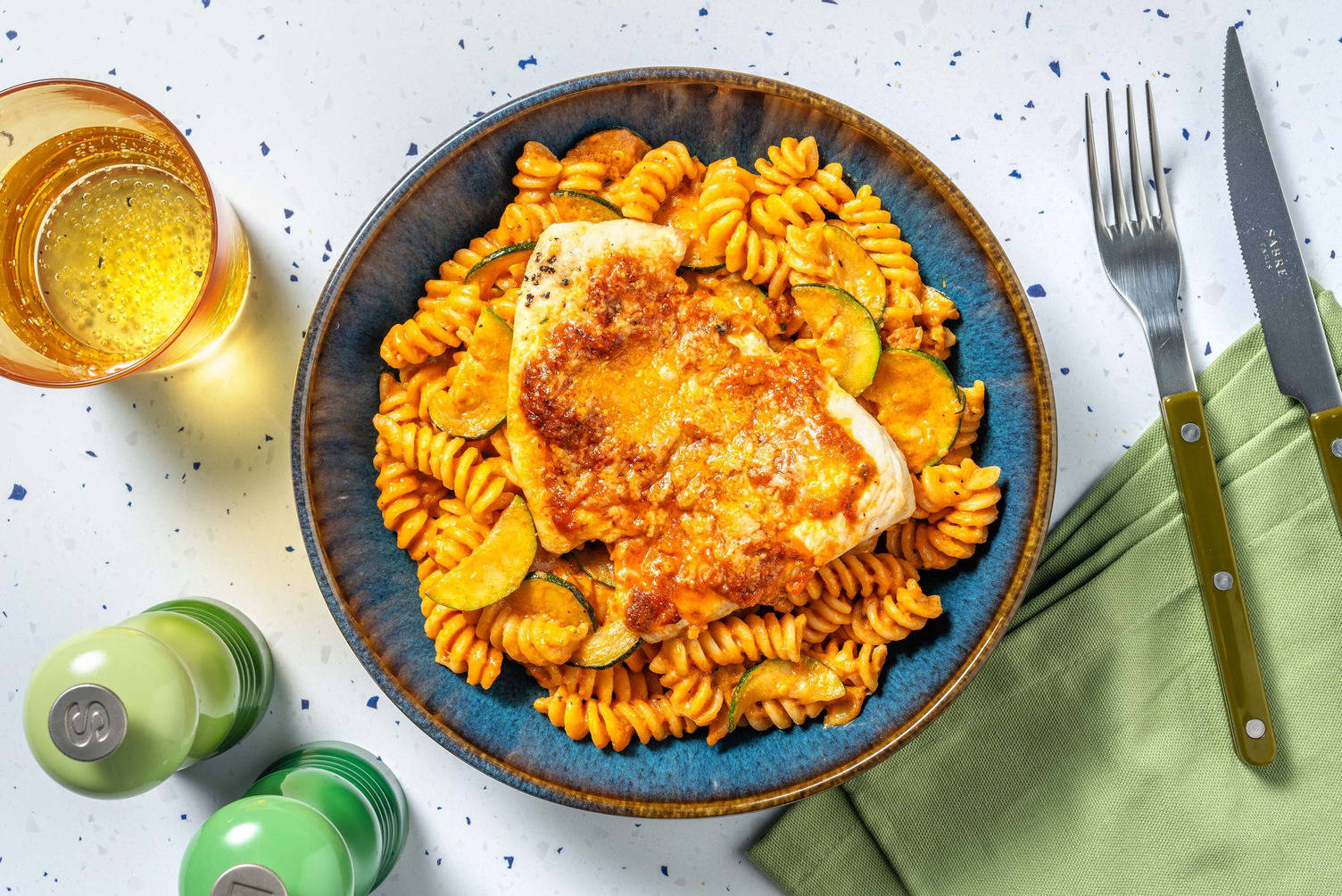 Pesto-Parm Baked Chicken Fusilli