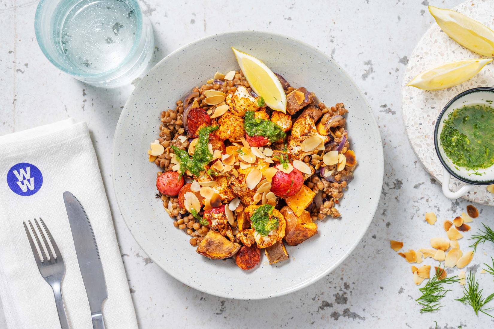 Roasted Chermoula Veg and Balsamic Lentils