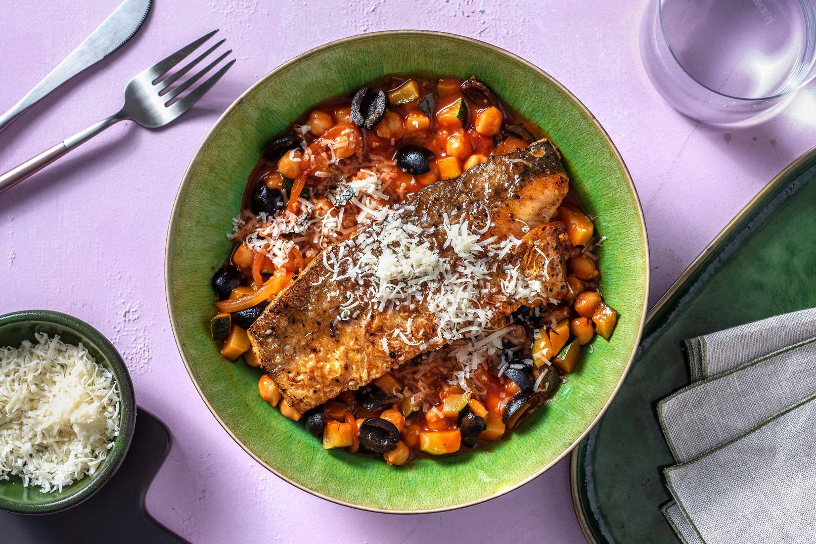 Seehecht auf Kichererbsengemüse mit Oliven