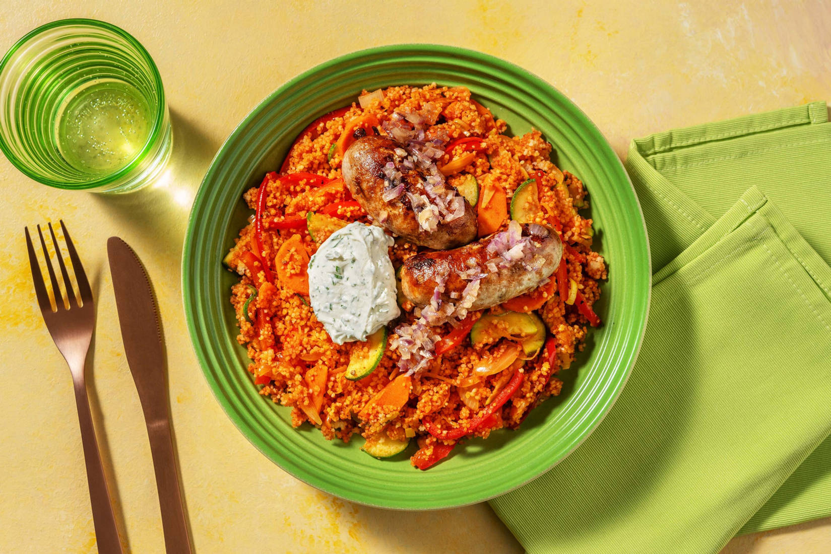 Gekruide tomatencouscous met varkensworstjes