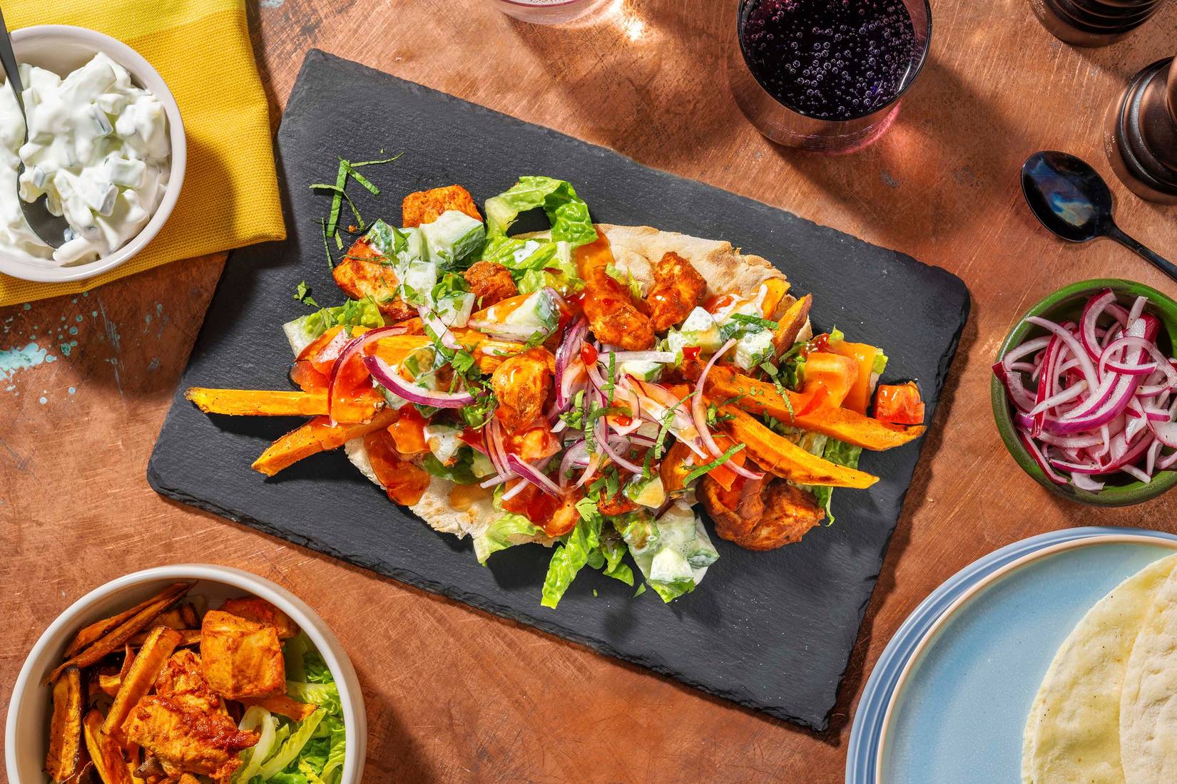 Tandoori Chicken Naan and Sweet Potato Fries