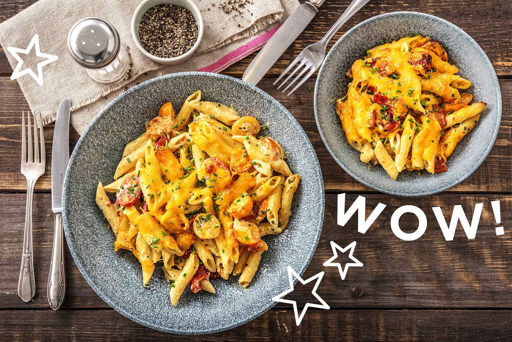 Überbackene Penne mit getrockneten Tomaten