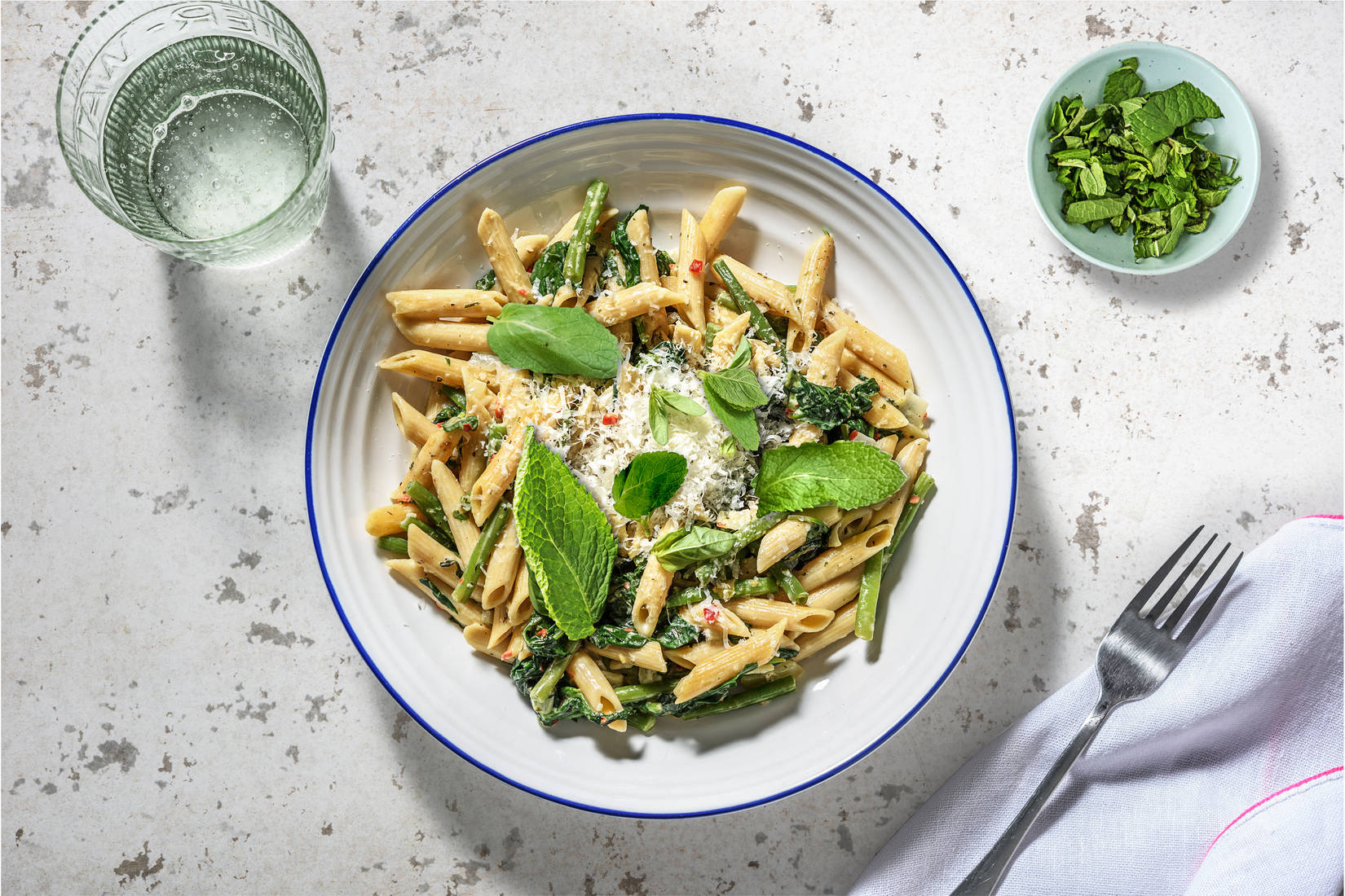 Volkoren penne met sperziebonen en spinazie