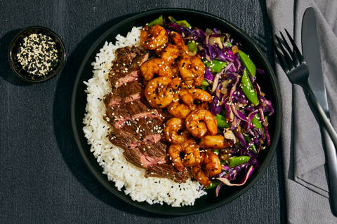 Bavette Steaks with Saucy Tamari Shrimp