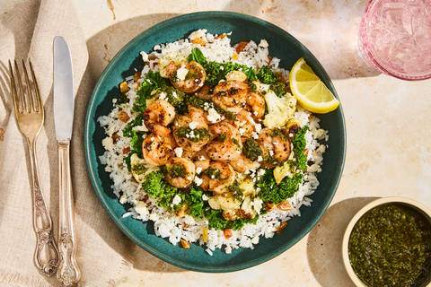 Lemon Oregano Shrimp with Schug & Feta