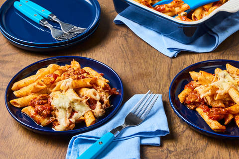 Three-Cheese Pork Sausage Penne Bake