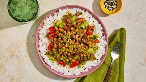 Chili Crisp Chickpea & Chicken Rice Bowls