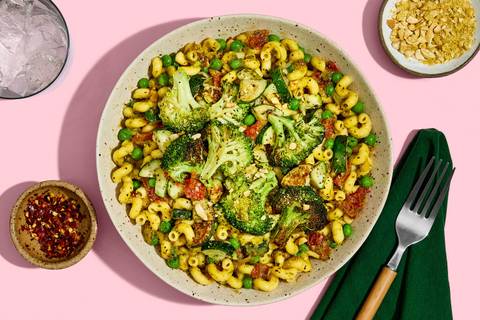 Tofu Pesto Pasta with Squash & Peas