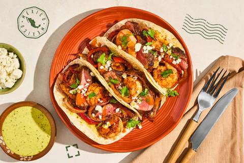 Fajita Style Spiced Shrimp & Steak Tacos