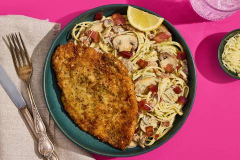 Crispy Chicken & Pesto Bacon Linguine