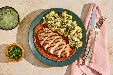 Grilled Romesco Pork Chops & Cauli Salad