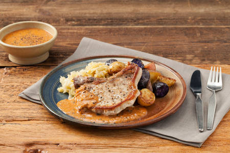 Bone-In Pork Chops with Shallot-Peppercorn Sauce, Butter-Braised