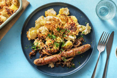 Filet de porc farci à la saucisse, purée de chou-fleur