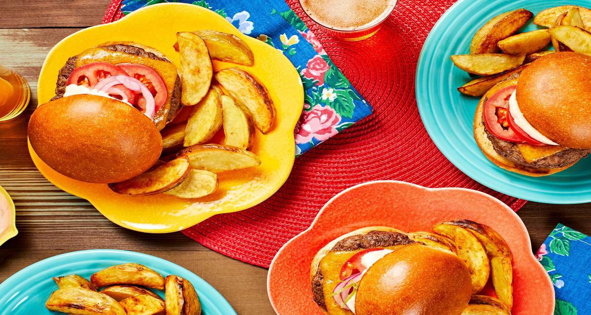 Sriracha Lime Cheeseburgers with Roasted Potato Wedges