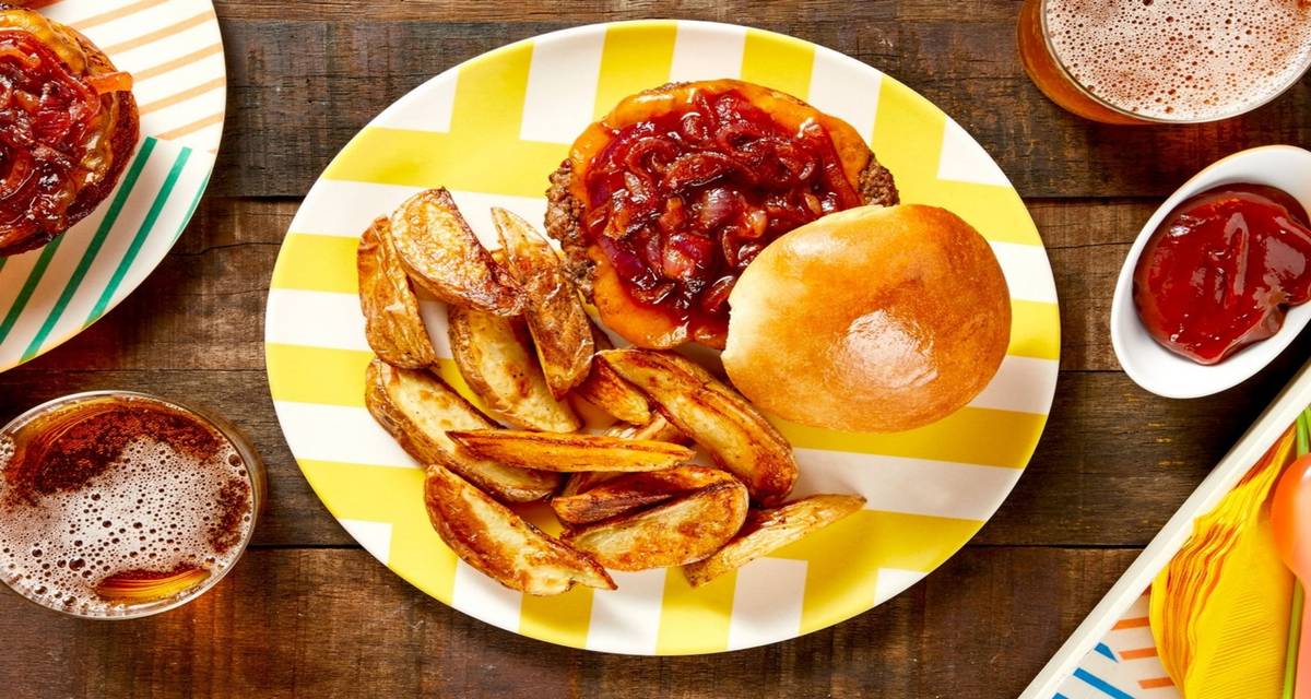 Chili-Onion Cheeseburgers with Steak Fries
