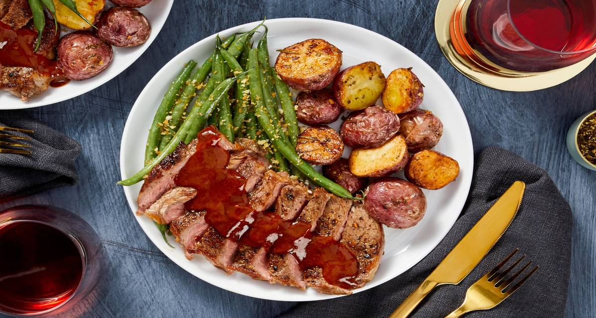 Sirloin and Tangy Steak Sauce with Crispy Green Beans and Rosemary Potatoes