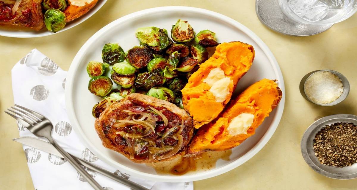 Autumn-Spiced Pork Chops with Roasted Brussels Sprouts and Honey Butter Sweet Potatoes