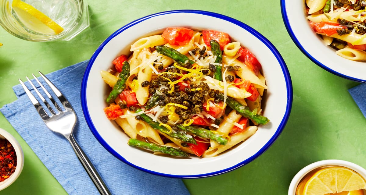 Roasted Garlic Herb Penne with Asparagus, Tomatoes, and Crispy Capers-image