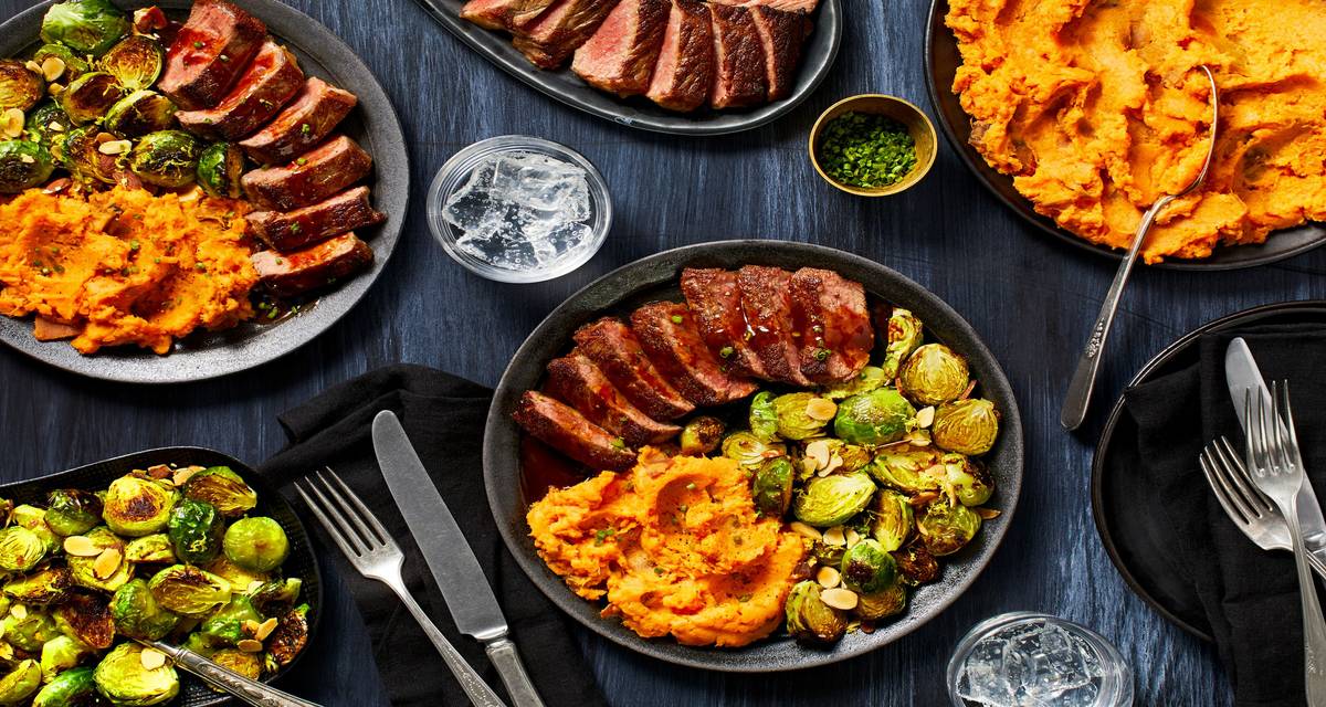 Roasted Potatoes Sweet Fried Brussel Sprouts Steak With Brussels