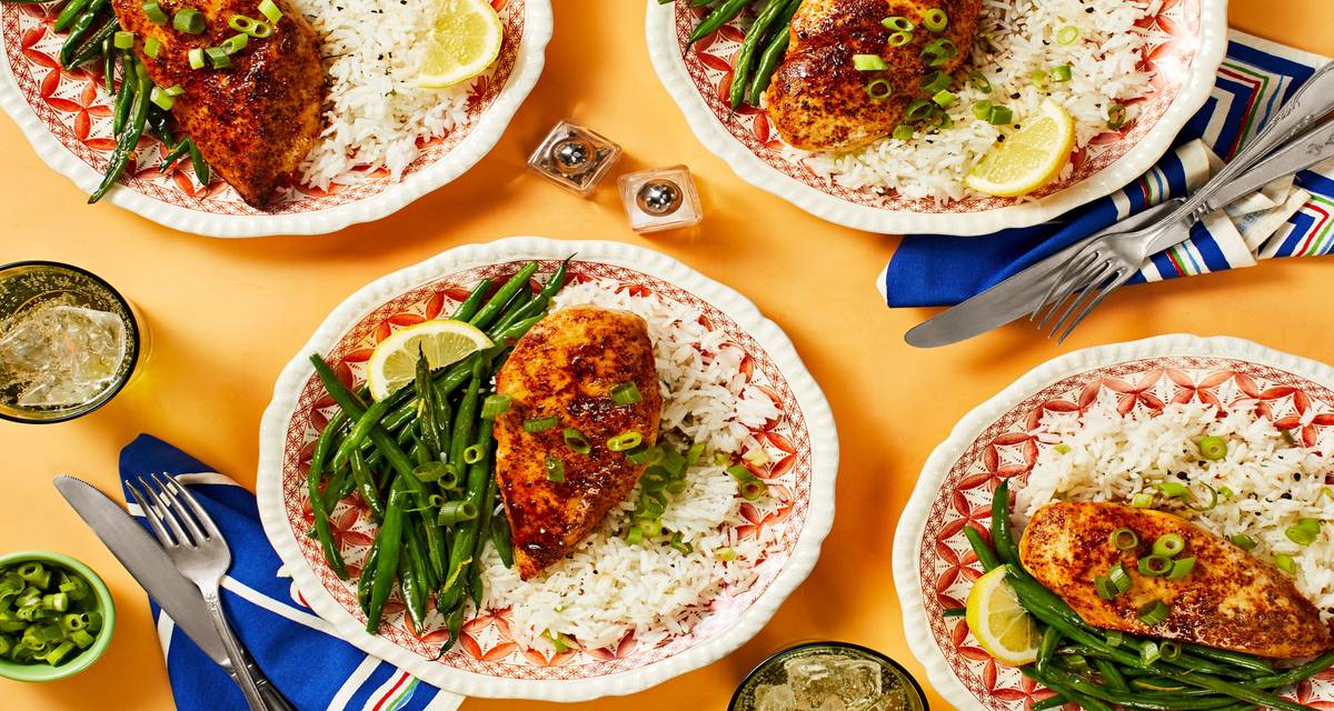 Honey Ancho Chicken with Scallion Rice and Lemony Green Beans