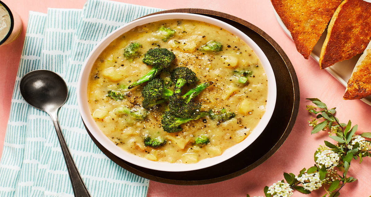 Roasted Broccoli and Potato Chowder with Pepper Jack Cheese and Garlic Toast
