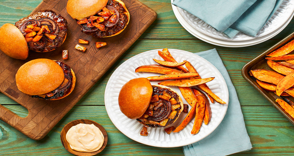 Caramelized Pineapple Teriyaki Burger with Sweet Potatoe Wedges and Sriracha Mayo