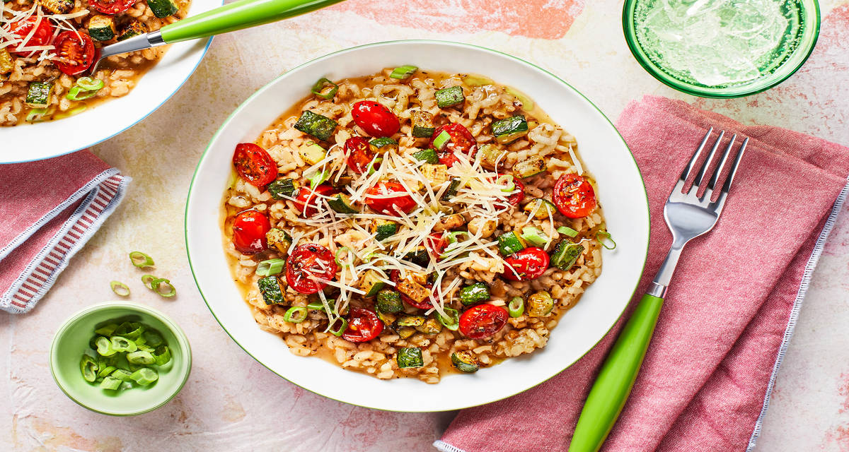 Basil-Oil-Topped Parmesan Risotto with Balsamic Tomatoes and Zucchini