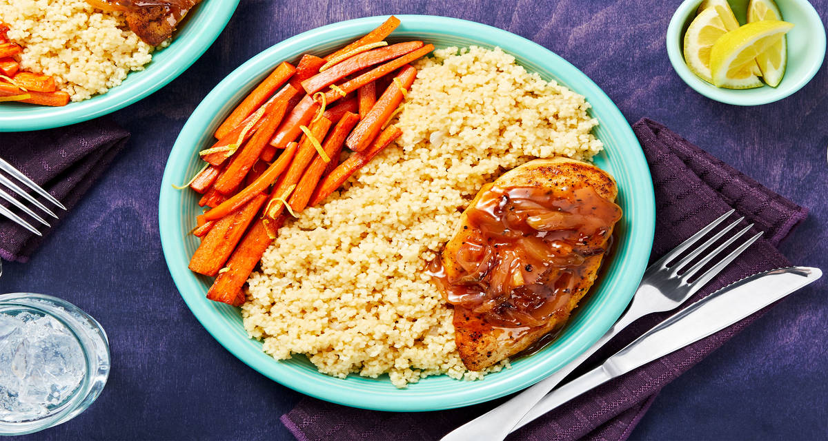 Apricot-Glazed Chicken with Lemony Roasted Carrots and Couscous