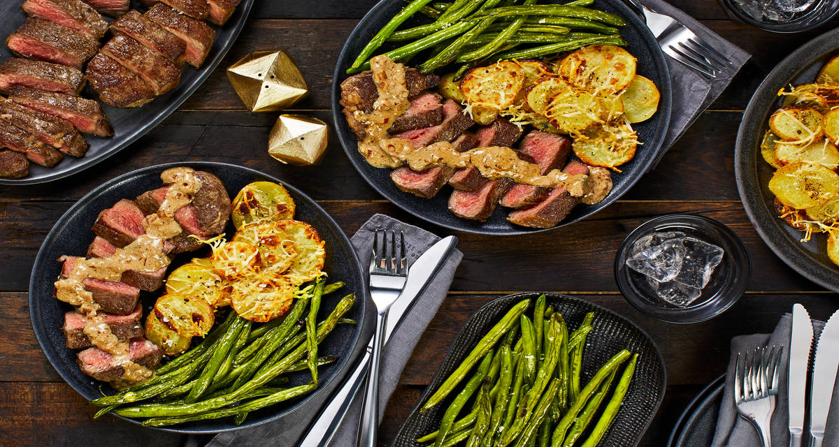 Sirloin and Sherry-Shallot Sauce with Garlic Parmesan Potato Clusters and Roasted Green Beans