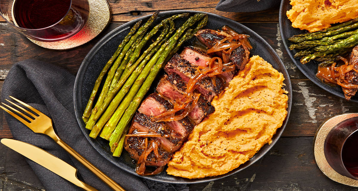 Peppercorn-Crusted Sirloin with Shallot Pan Sauce with Roasted Asparagus and Mashed Sweet Potatoes