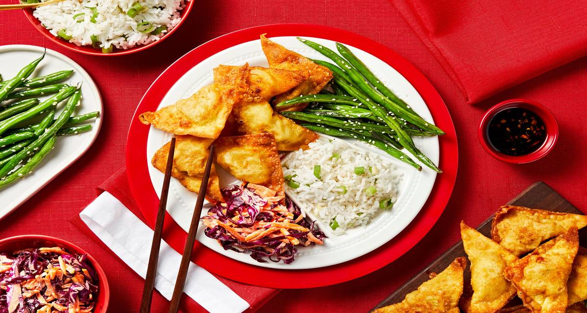 Dim Sum Party Plate with Homemade Pork Dumplings, Sesame Green Beans, and Scallion Rice