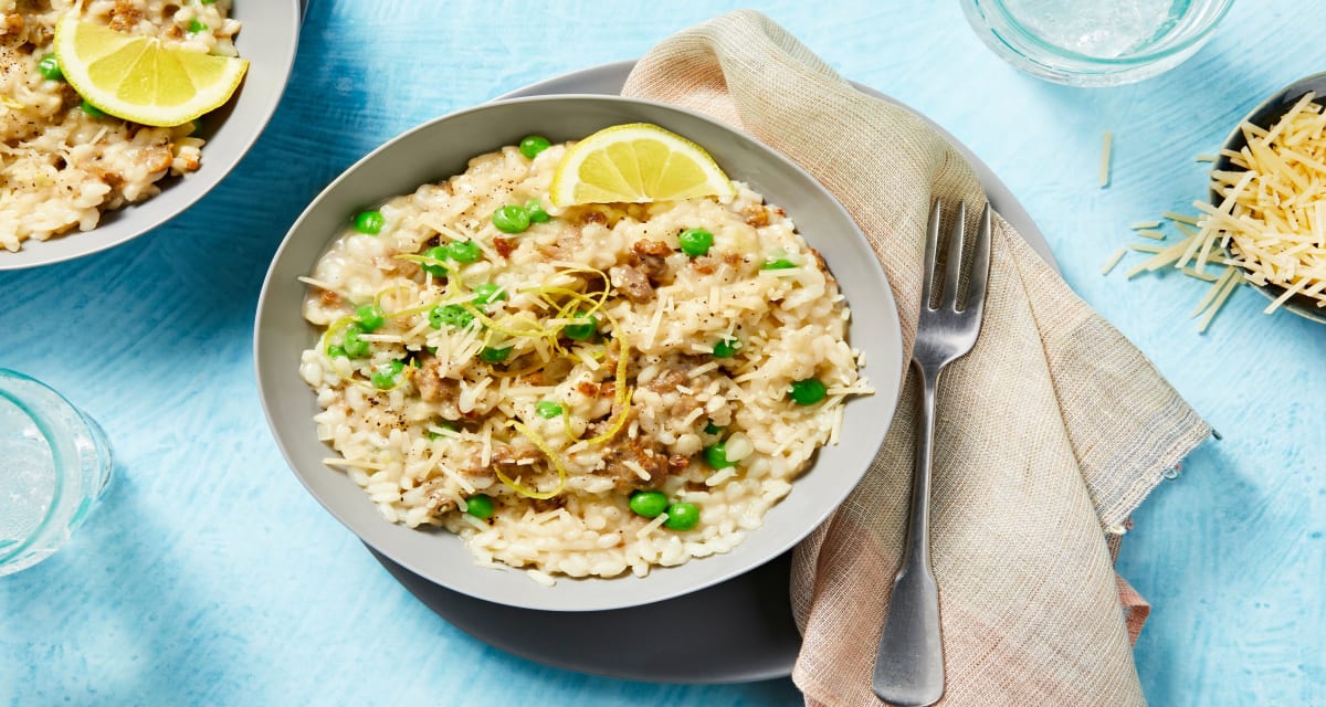 Sausage and Spring Pea Risotto with Lemon and Parmesan image