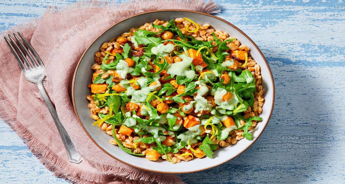 Guacamole Green Goddess Bowl with Farro, Crispy Chickpeas, and Roasted Sweet Potato