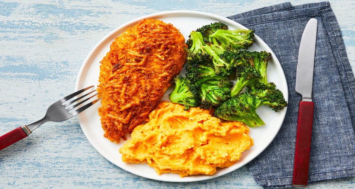 Cheddar-Crusted Chicken with Buttery Mashed Sweet Potatoes and Roasted Broccoli image