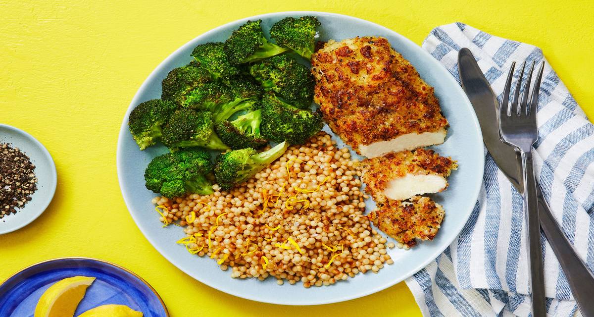 Crispy Mozzarella-Crusted Chicken with Roasted Broccoli and Buttery Couscous