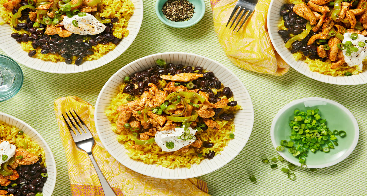 Southwest Chicken and Peppers with Yellow Rice and Black Beans