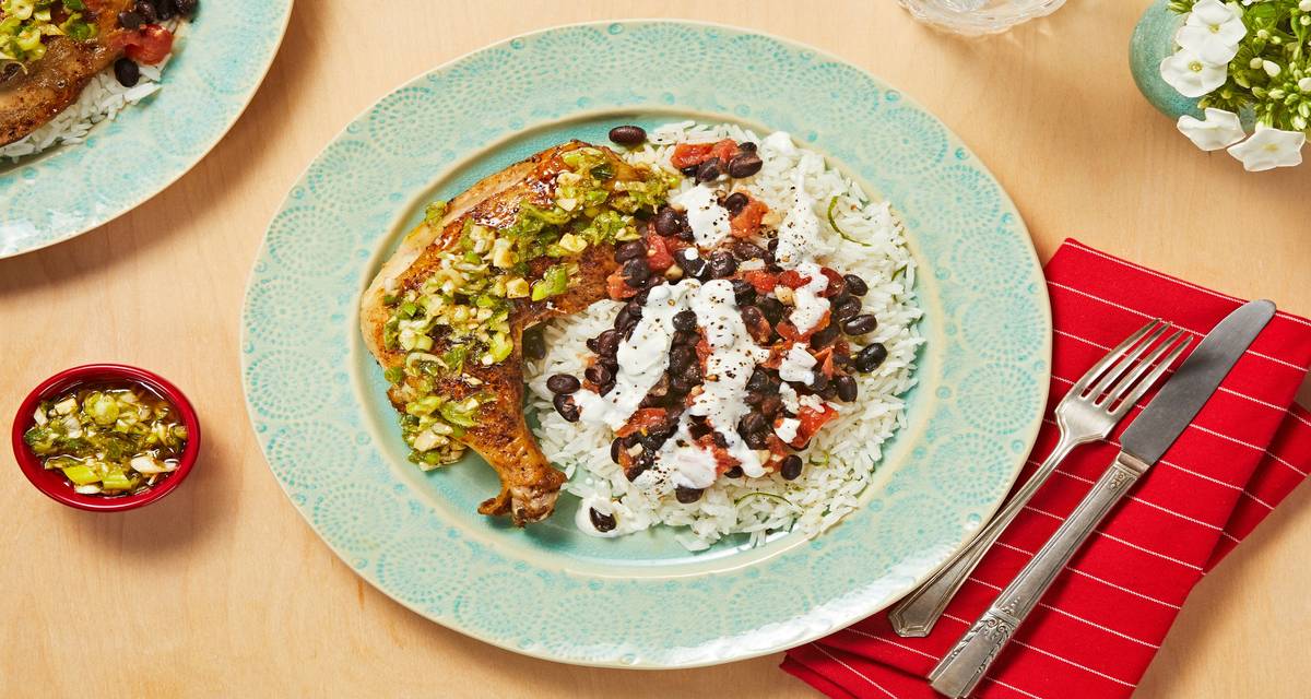 Crispy Chicken Legs with Scallion Chimichurri and Black Beans over Lime Rice