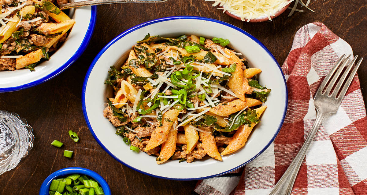 Creamy Tuscan Beef and Penne with Kale and Parmesan