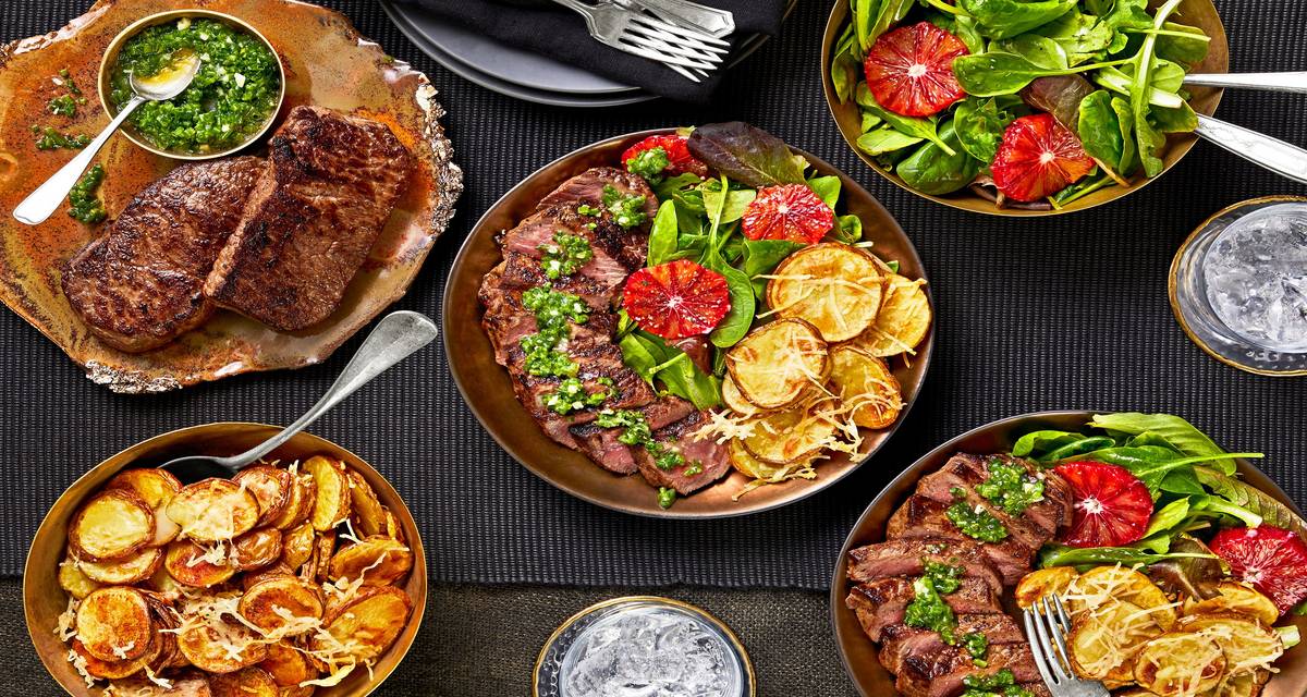 Sirloin with Chive Butter Sauce with Crispy Parmesan Potato Rounds and Blood Orange Salad