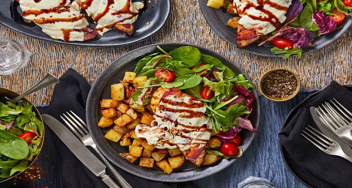 Bacon Caprese Chicken with Oregano Lemon Roasted Potatoes and Spring Salad Mix