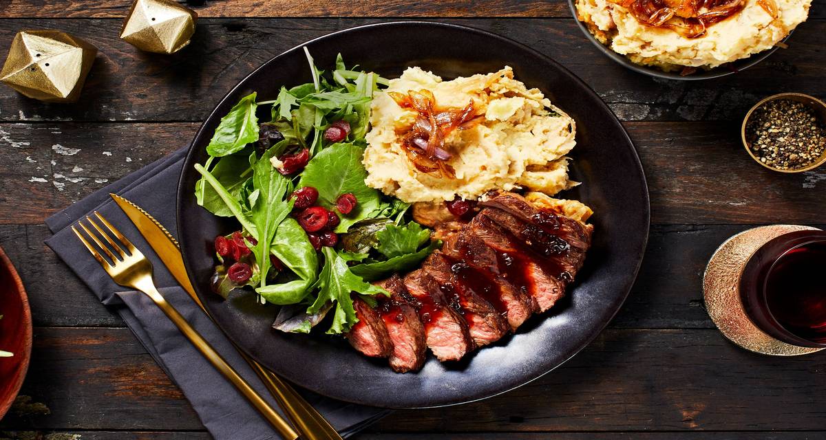 Seared Sirloin and Demi-Glace Sauce with Caramelized Onion Mashed Potatoes and a Green Salad